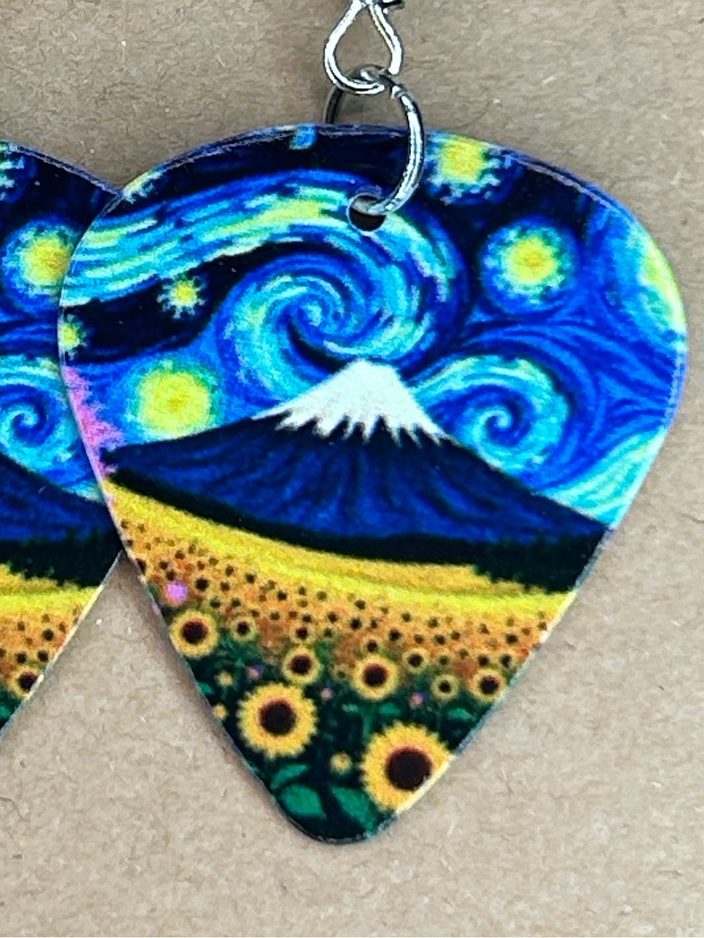 Custom Guitar Pick Starry Sky Mountain Sunflower Earrings Fashion Jewelry - Picture 4 of 4